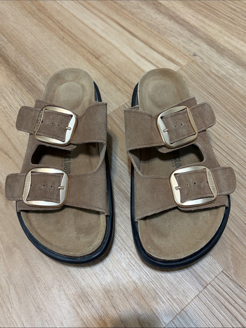 Project Cloud Suede Double Buckle Comfort Slide Sandals Taupe Women’s 9M